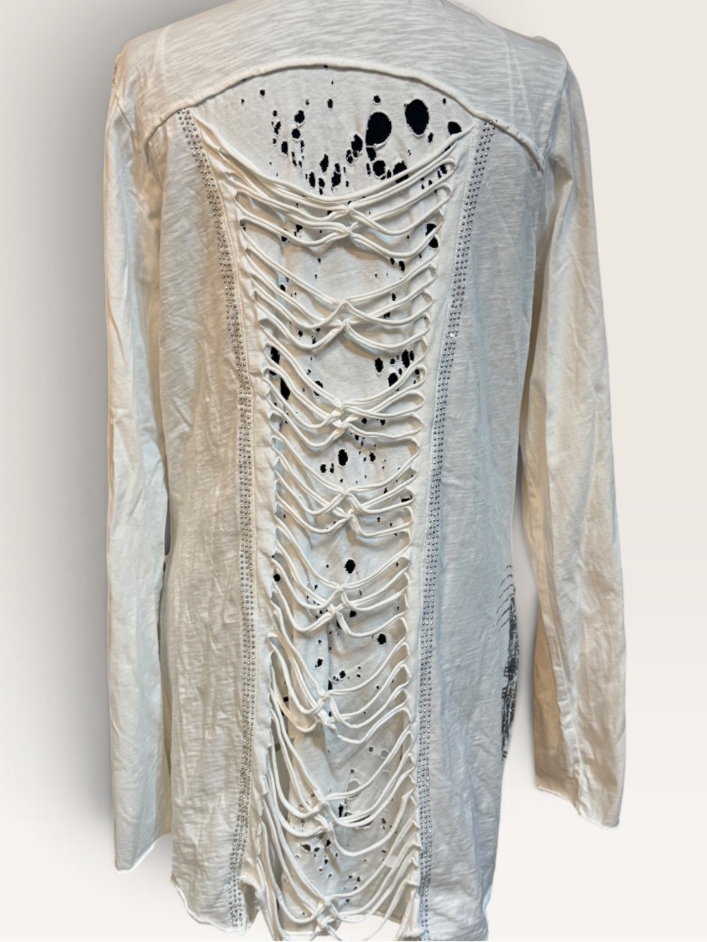 Tredy Lagenlook White Jacket Distressed Caged Strappy Paint Splatter Back Artsy